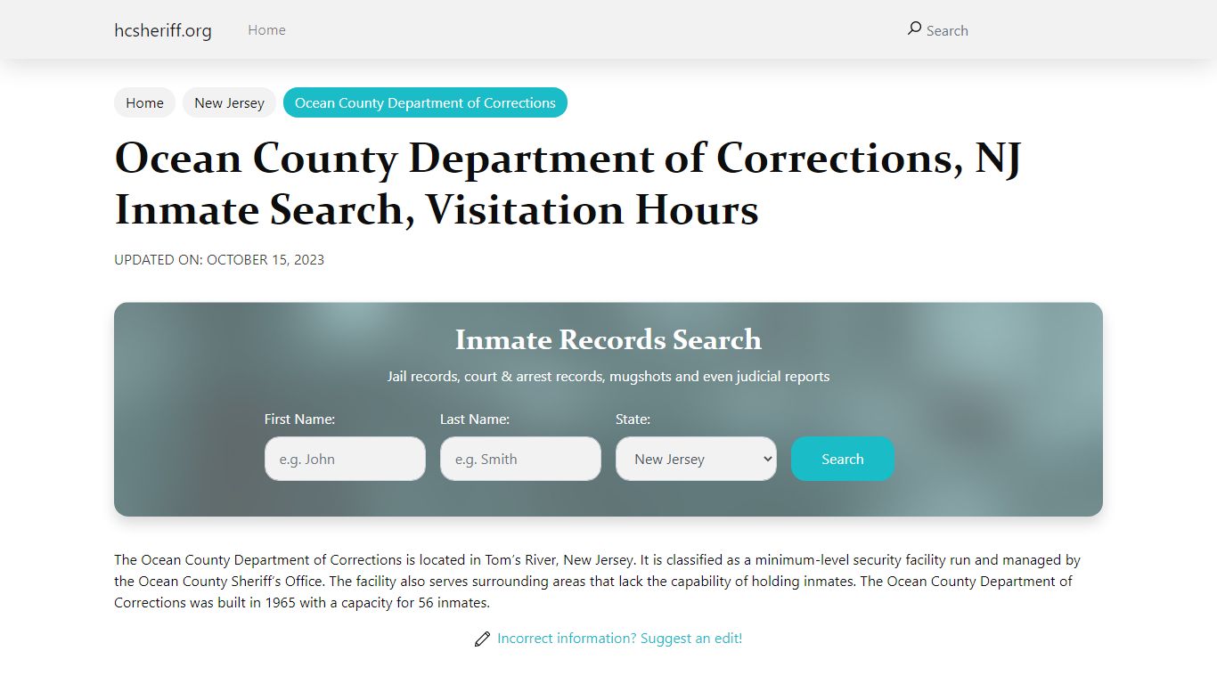 Ocean County Department of Corrections, NJ Inmate Search, Visitation Hours